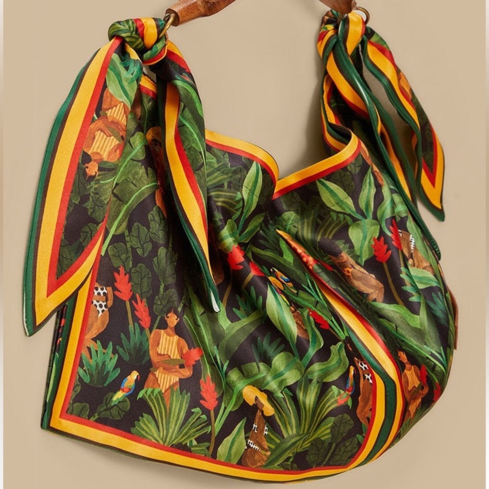 NEW RARE FARM Rio Beleza Tropical Scarf Mini Bag Jungle Print Wood Leaf Handle - Picture 5 of 16